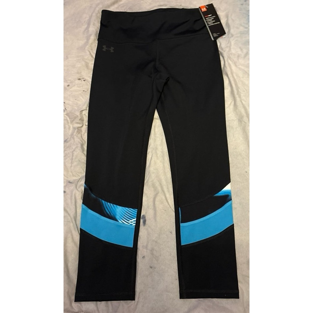 NEW Under Armour HeatGear Women's Black/Blue Print Crop Active‎ Leggings, Small